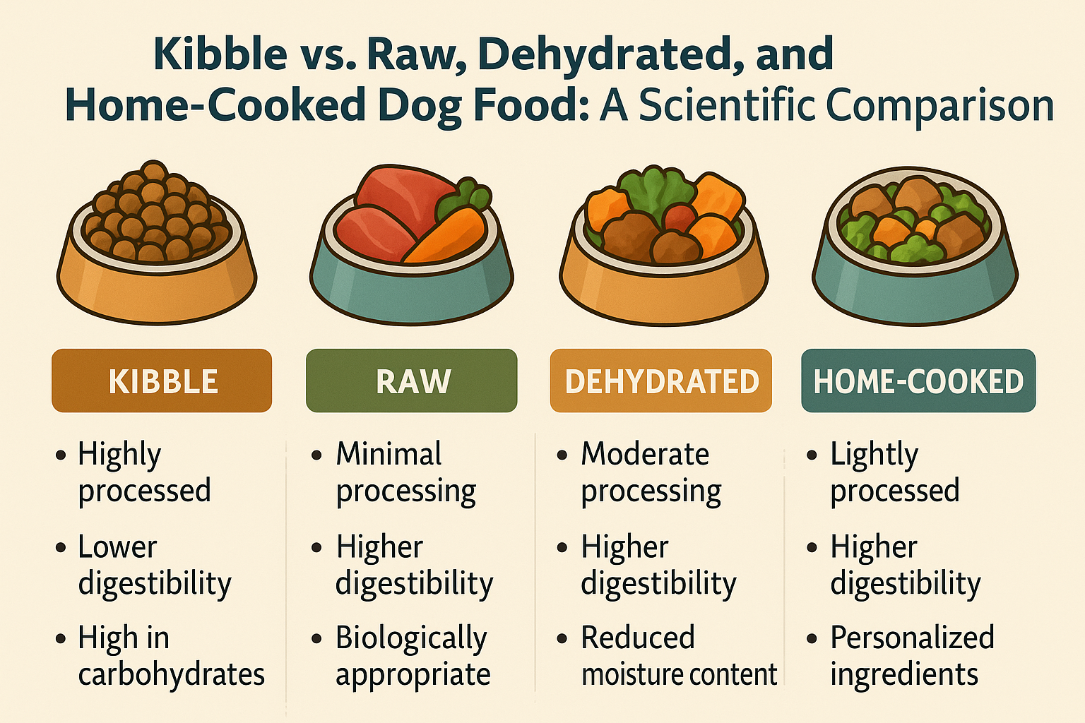 Kibble vs. Raw, Dehydrated, and Home‑Cooked Dog Food: A Scientific Comparison