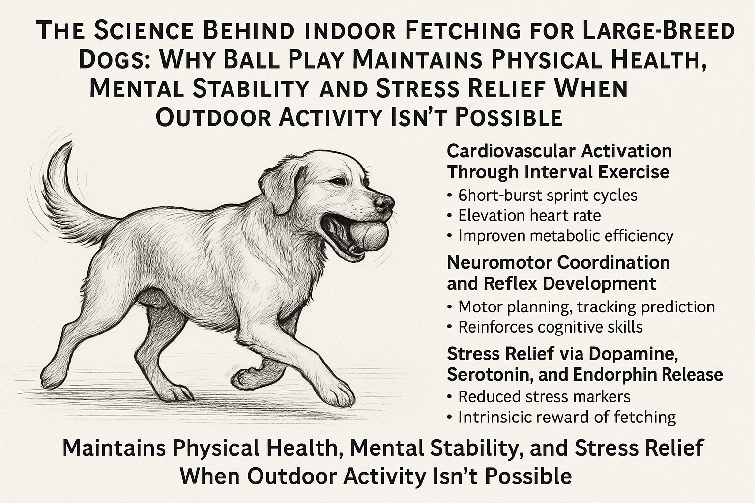 Sketch-style illustration of a large-breed dog carrying a ball indoors, accompanied by scientific points explaining how indoor fetching supports cardiovascular health, cognitive function, and stress relief when outdoor activity isn’t possible.