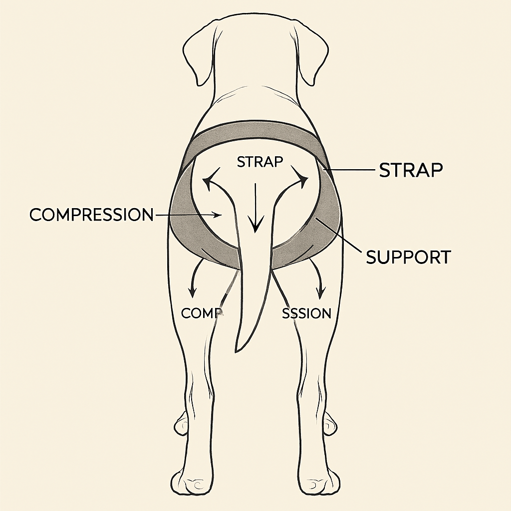 Minimalistic anatomical sketch of a dog viewed from behind, standing upright. The dog wears a hip support brace that wraps around its lower back and upper thighs. The brace is illustrated with two labeled straps—one around the waist and one around the upper legs. Arrows point inward toward the hips labeled “Compression” and upward from the thighs labeled “Support,” indicating pressure zones. The dog’s tail hangs naturally between the straps, and its hind legs are slightly apart, showing anatomical alignment. The illustration uses clean black lines on a light beige background, with a scientific and educational style.